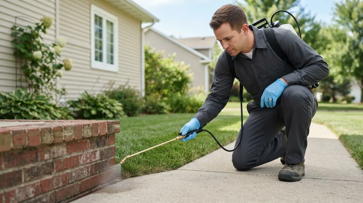 Pest control technician treating a home near Dover, MA